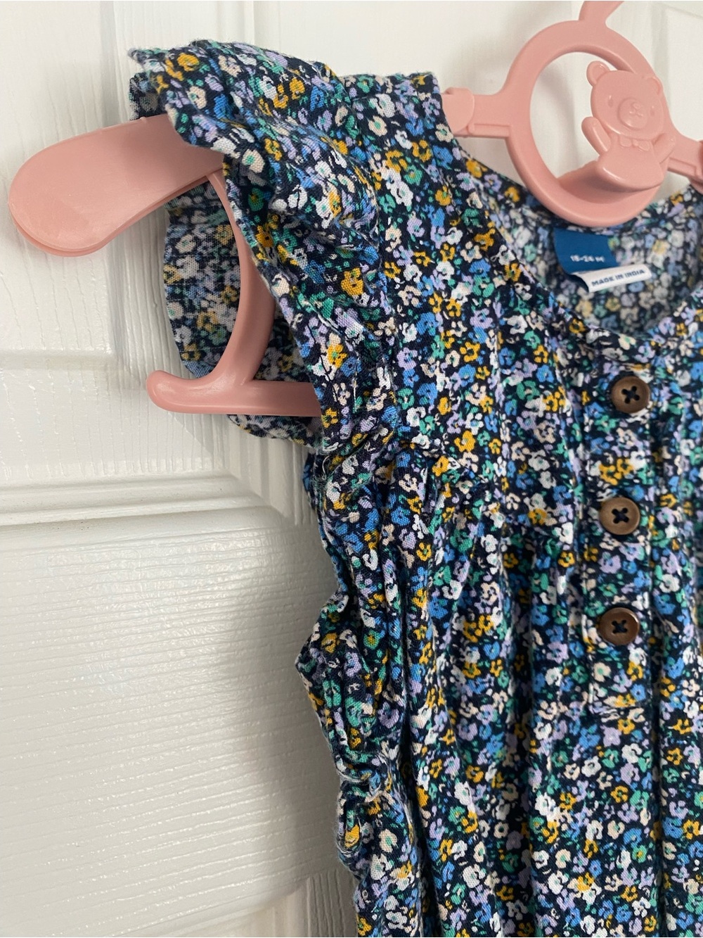 Floral Button-Front Ruffled Romper in Navy - Picture 2 of 6